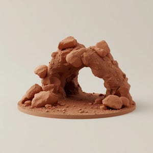 Può includere: Una scultura a forma di formazione rocciosa color terracotta con un'apertura centrale ad arco. La struttura è composta da texture irregolari simili alla pietra e poggia su una base circolare piatta dello stesso materiale opaco color bruno-rossastro.