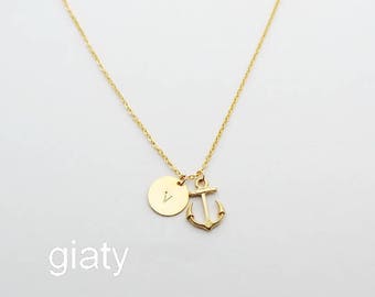 30% Off Sale Initial With Gold Anchor Necklace, Anchor Charm Necklace, Personalized Initial Necklace, Dainty Initial Anchor Necklace