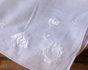 White embroidered handkerchief, rose embroidered hankie, wedding hankie, vintage white floral hankie
