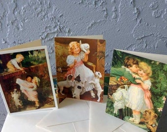 May include: Three vintage greeting cards with illustrations of children and dogs. The cards are white with a light brown border and feature colorful illustrations of children interacting with dogs in various settings.