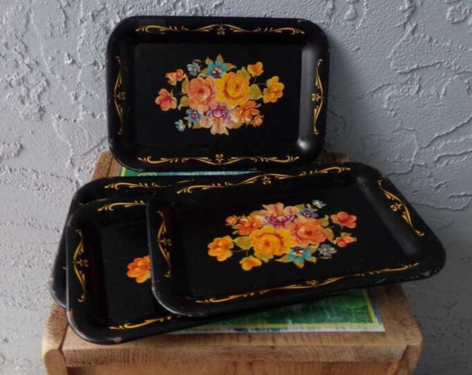 Toleware Metal Snack Trays Black Floral Snack Trays Metal Etsy