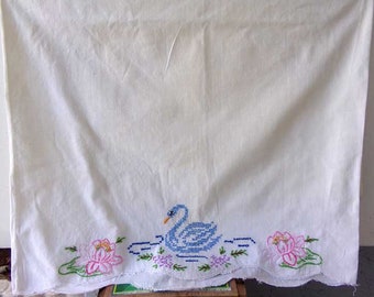 Embroidered pillowcase, embroidered swan pillowcase, vintage embroidered pillowcase, swan home decor