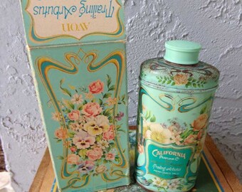 Avon California Perfume Co. Anniversary Keepsake perfume talc 1977 Trailing Arbutus scent,  powder can, avon collectible, vintage tin can
