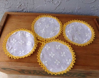 Cloth coasters, lace coasters, yellow fabric coasters, embroidered coasters, yellow home decor, set of 4