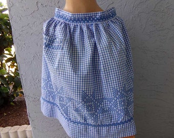 Blue Half Apron Plaid Skirt Apron Country Style Half Apron Checkered Blue Apron with Random Stitch Embroidery Juniors Misses Apron