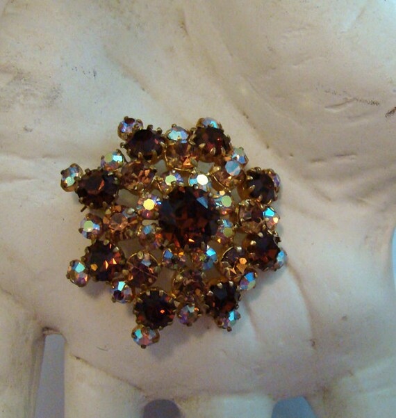 Vintage Austrian crystal brooch, Amber colored br… - image 6
