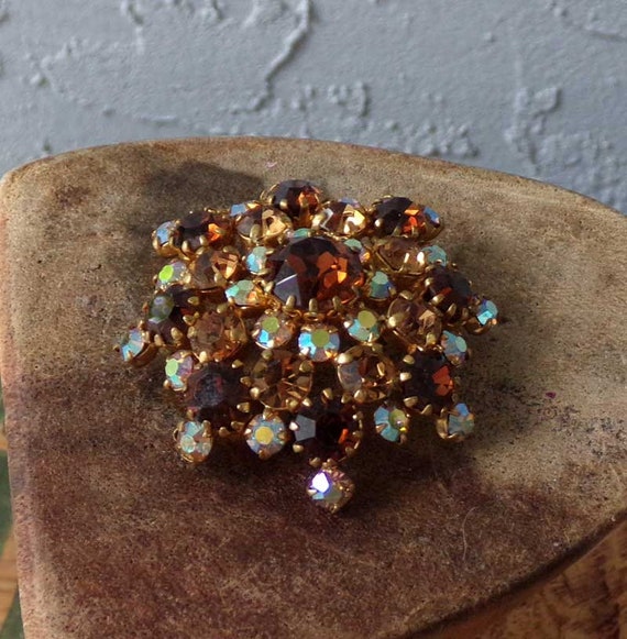 Vintage Austrian crystal brooch, Amber colored br… - image 7