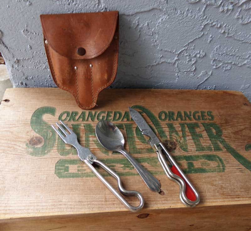 Boy Scout camping utensil set, Boy Scout leather pouch folding utensils, Boy Scouts Geo. Schrade folding utensils with leather pouch