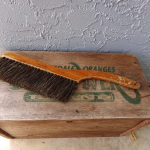 May include: A wooden-handled brush with natural bristles, resting on a wooden crate with the text "Grapefruit Oranges" printed on it.