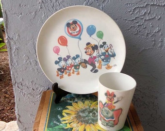 Vintage Disney child's dish and cup, Mickey Mouse Dish, Dumbo Minnie Mouse cup, vintage Mickey Mouse dish and cup