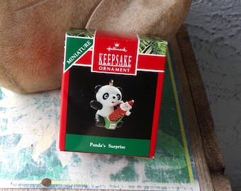 Hallmark miniature Christmas ornament 1990, vintage Hallmark keepsake Christmas ornament, Panda's Surprise ornament