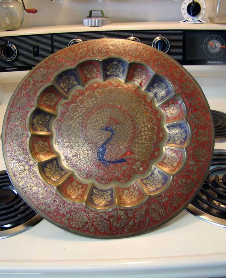 Brass Peacock Etched Serving Tray Brass Peacock Tray Vintage Etsy