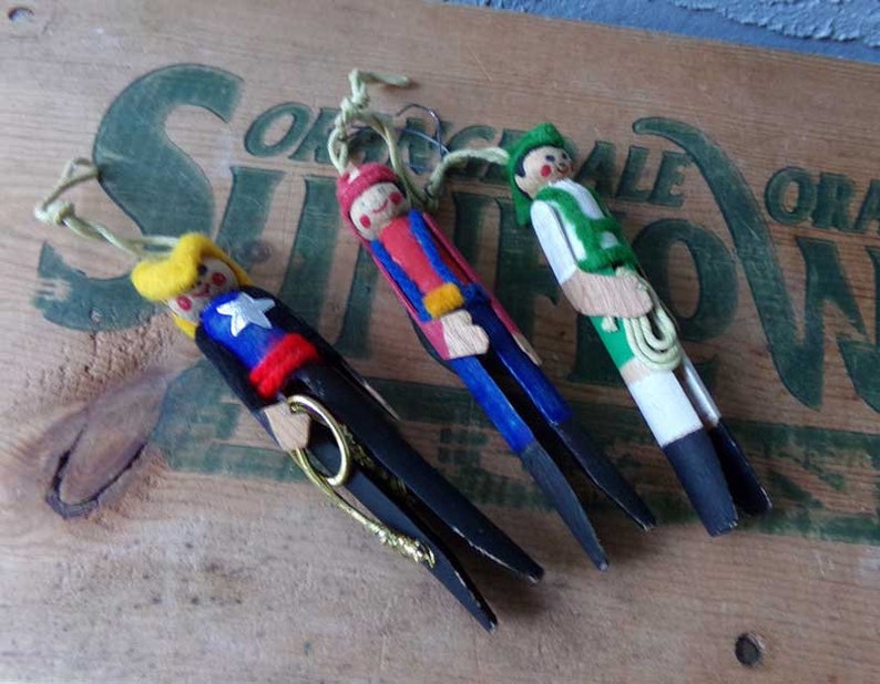 Clothespin people ornaments vintage clothespin ornaments clothespin ornaments clothespin characters vintage cowboy ornament set of 3