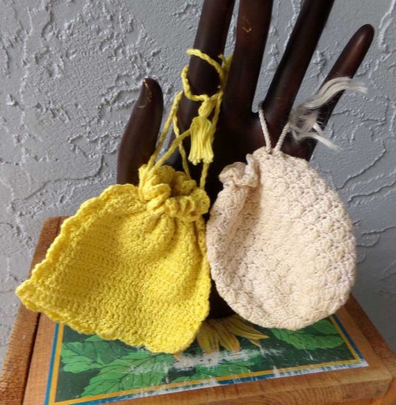 Crocheted drawstring coin purse, vintage crochete… - image 5