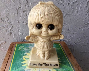 I Love You This Much statue, 1970 W & R Berries Co's. big eyed girl statue, I Love You This Much, love gift