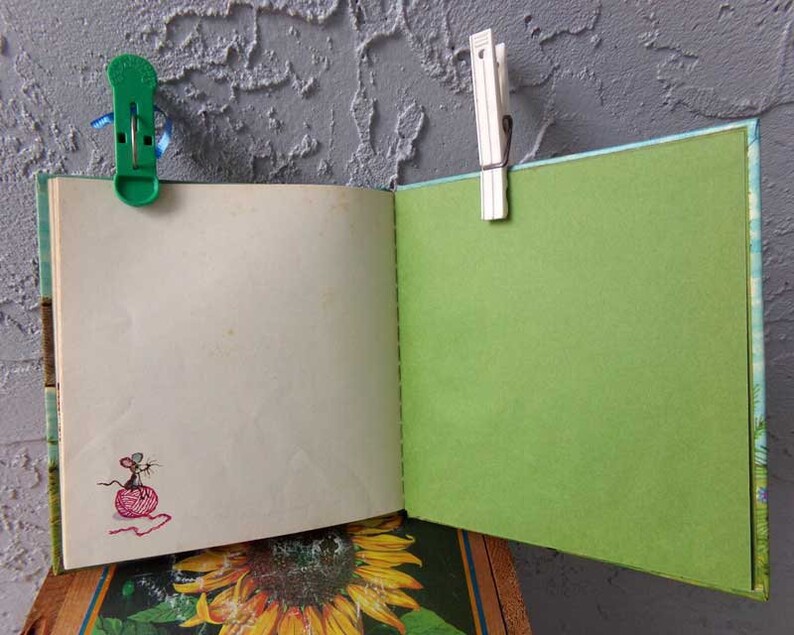 May include: An open blank journal with a green cover and a small mouse illustration on the inside page. The journal is held closed with a green plastic clip and a white wooden clothespin.