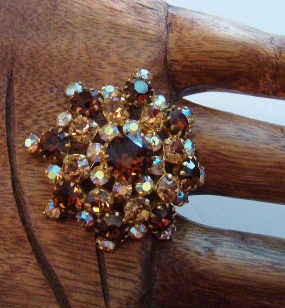 Vintage Austrian crystal brooch, Amber colored br… - image 2