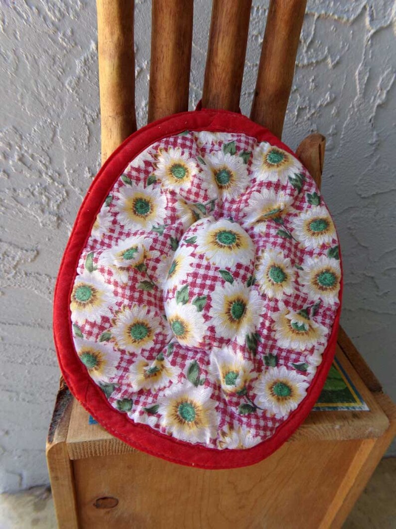 May include: Red and white fabric pot holder with a gingham pattern and a floral design. The pot holder is round and has a red border.