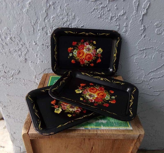 Toleware Metal Snack Trays Black Floral Snack Trays Metal Etsy