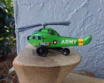 ND tin toy helicopter, Army helicopter toy, made in Japan, vintage tin toy army helicopter, tin toy