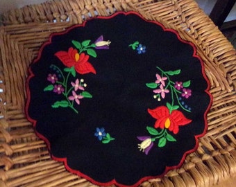 Black embroidered doily, vintage embroidered doily, black home decor, vintage black floral embroidered doily,