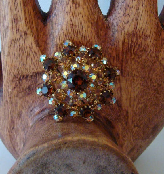Vintage Austrian crystal brooch, Amber colored br… - image 4