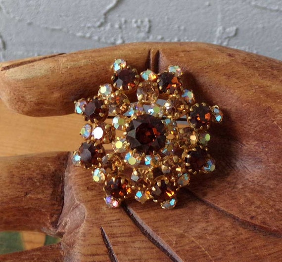 Vintage Austrian crystal brooch, Amber colored br… - image 1