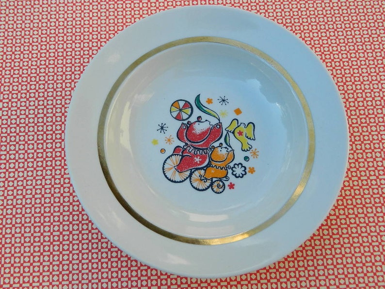 - Soviet Porcelain Kids Porcelan Soup Plate with Two Circus Bear USSR Ceramic Childrens plate made in Dulevo