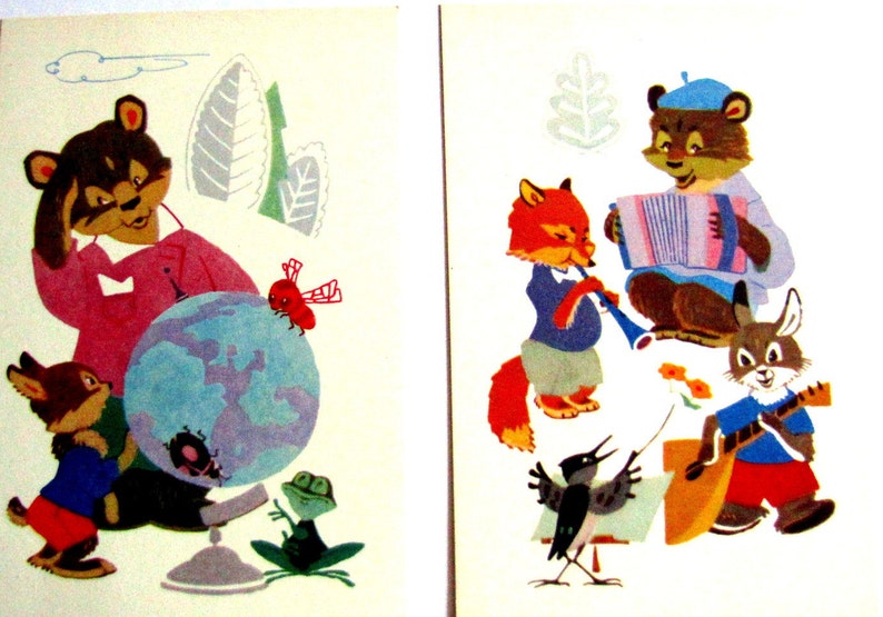 soviet illustation 60s Blank vintage postcard with animals from Soviet times Forest school