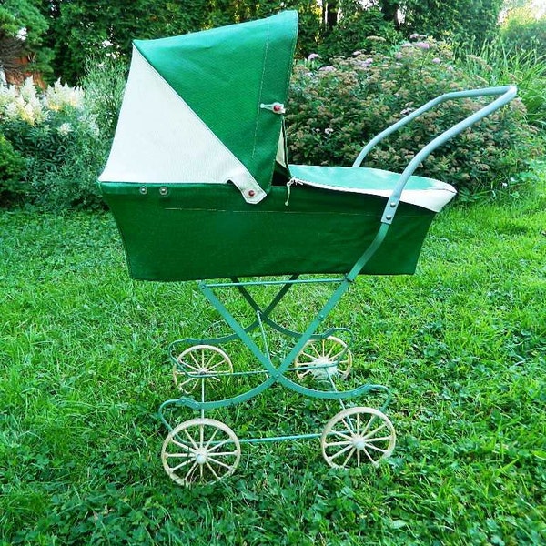 Adorable green and white Soviet Doll Stroller Carriage  - Soviet Toy