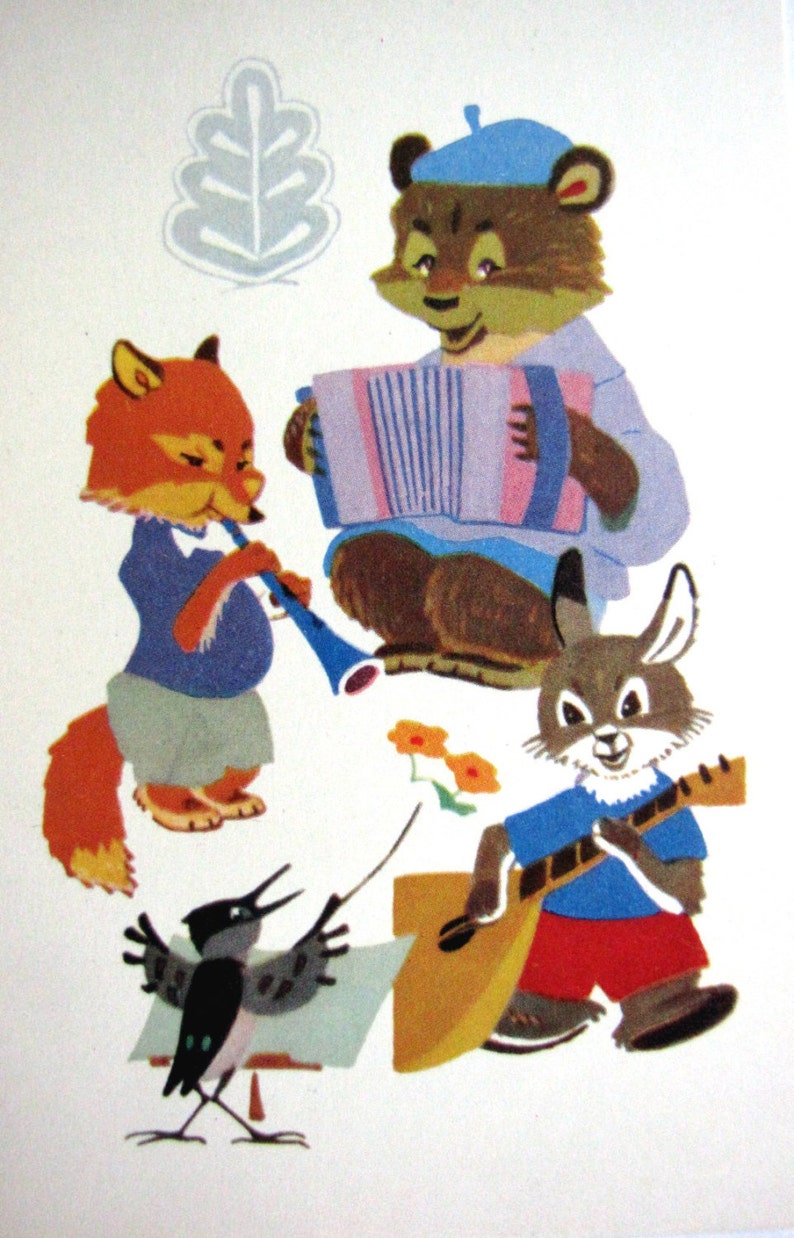 soviet illustation 60s Blank vintage postcard with animals from Soviet times Forest school