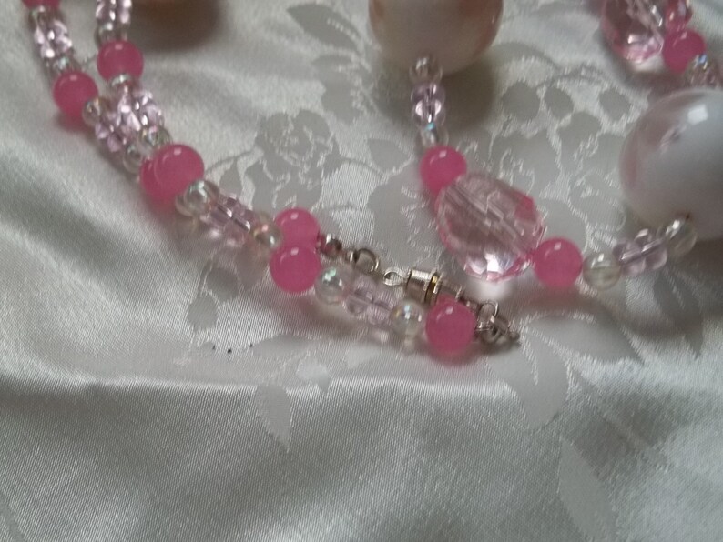 Pink and White Beaded Floral Flower Acrylic Jewellery Set 24 24 inch Necklace Earrings #S001