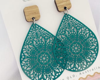 Teal Tear Drop Earrings, Lightweight Earrings, Large Black Statement Earrings, Filigree Boho Jewellery, Cheap Gift Idea