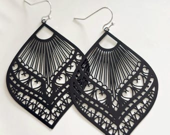 Black Metal Filigree Earrings, Boho Dangle Earrings, Lightweight Statement Jewellery, Gift Wrapped Handmade Earrings for Her