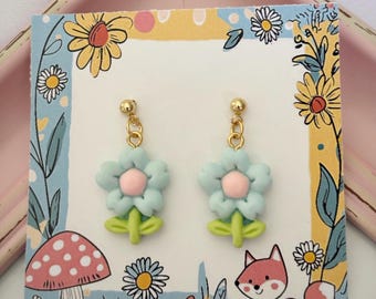 Flower Dangle Earrings on Cute Backing Card, Secret Santa Gift, Nature Lover Jewellery, Affordable Present for Friend Work Colleague