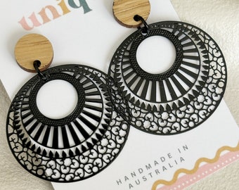 Black Metal Filigree Earrings, Boho Dangle Earrings, Lightweight Statement Jewellery, Gift Wrapped Handmade Earrings for Her