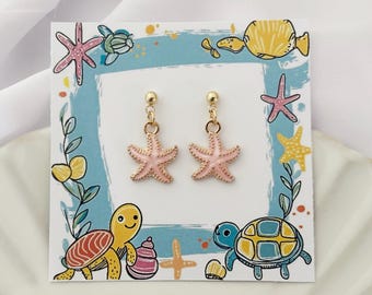 Starfish Dangle Earrings on Cute Backing Card, Secret Santa Gift, Ocean Beach Jewellery, Affordable Present for Friend Work Colleague