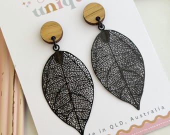 Black Leaf Filigree Dangle Earrings: Boho Statement Jewelry