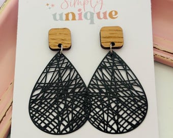 Black Tear Drop Earrings, Lightweight Earrings, Large Black Statement Earrings, Filigree Boho Jewellery, Cheap Gift Idea
