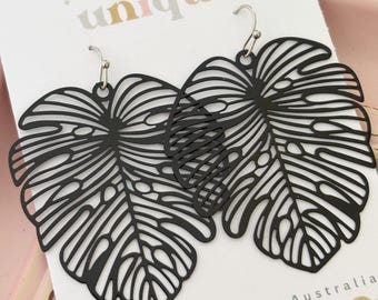 Black Monstera Earrings, Filigree Dangle Earrings, Filigree Jewellery, Lightweight Earrings, Gift Under 20, Boho Style Earrings