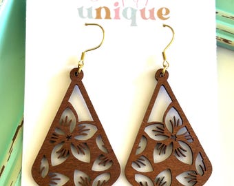 Raw Wood Drop Earrings, Lightweight Earrings, Statement Earrings, Filigree Boho Jewellery, Cheap Gift Idea, Best Friend, Work Colleague