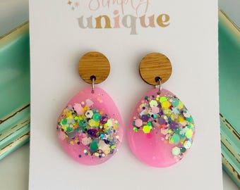 Organic Shape Earrings, Glitter Statement Earrings, Resin Dangle Earrings, Pink Glitter Earrings, Gift Under 20, Australian Seller