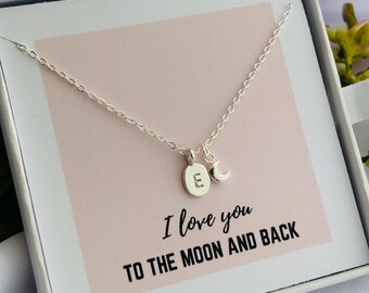 I Love You To the Moon and Back Personalised Necklace, Women’s Girls Wife Gift for Her, Initial Jewelley