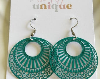 Teal Metal Filigree Dangle Earrings, Statement Boho Jewellery, Lightweight, Everyday Wear, Gift for Mum, Wedding Guest, Minimalist