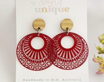 Red Metal Filigree Dangle Earrings, Statement Boho Jewellery, Lightweight, Everyday Wear, Gift for Mum, Wedding Guest, Minimalist