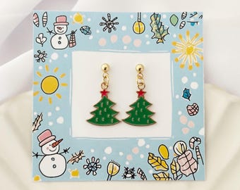 Christmas Tree Dangle Earrings on Cute Backing Card, Secret Santa Gift, Festive Jewellery, Affordable Present for Friend Work Colleague