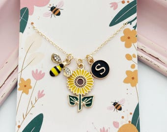 Personalised Bee and Sunflower Necklace, Gift for Nature Lover, Jewellery for Gift Giving, Best Friend Work Colleague