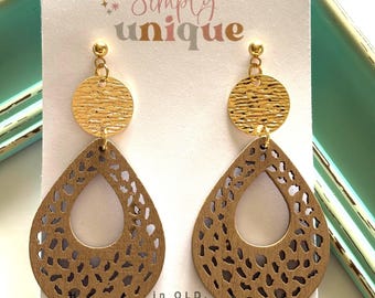 Bohemian Style Dangle Earrings, Lightweight Earrings, Large Wood Statement Earrings, Filigree Boho Jewellery, Affordable Gift Idea