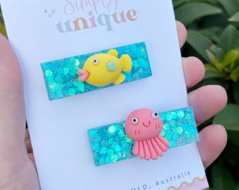 Girls Resin Hair Clips, Hair Accessories, Under the Sea, Beach Inspired, Ocean Theme, Unique Gift, Stocking Stuffer