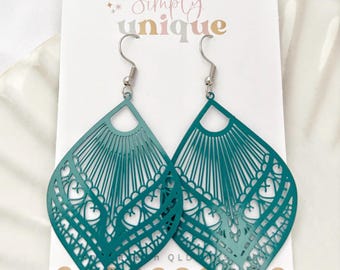 Teal Metal Filigree Earrings, Boho Dangle Earrings, Lightweight Statement Jewellery, Gift Wrapped Handmade Earrings for Her